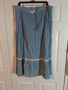 Crinkled Light Blue Tiered Maxi Skirt with Lace Trim
